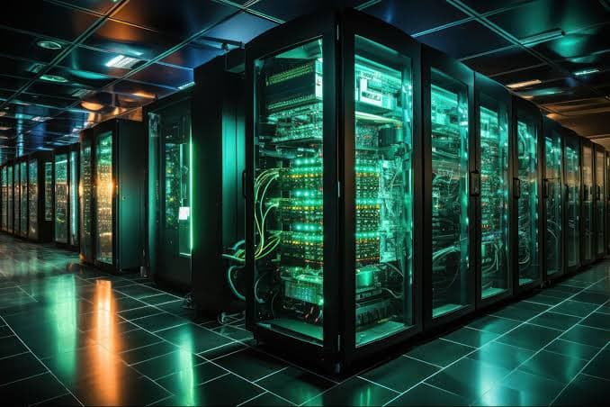 A data center aisle at low light, glass-fronted server racks receding into the distance on both sides, their interiors lit green by rows of status indicators reflecting off the floor