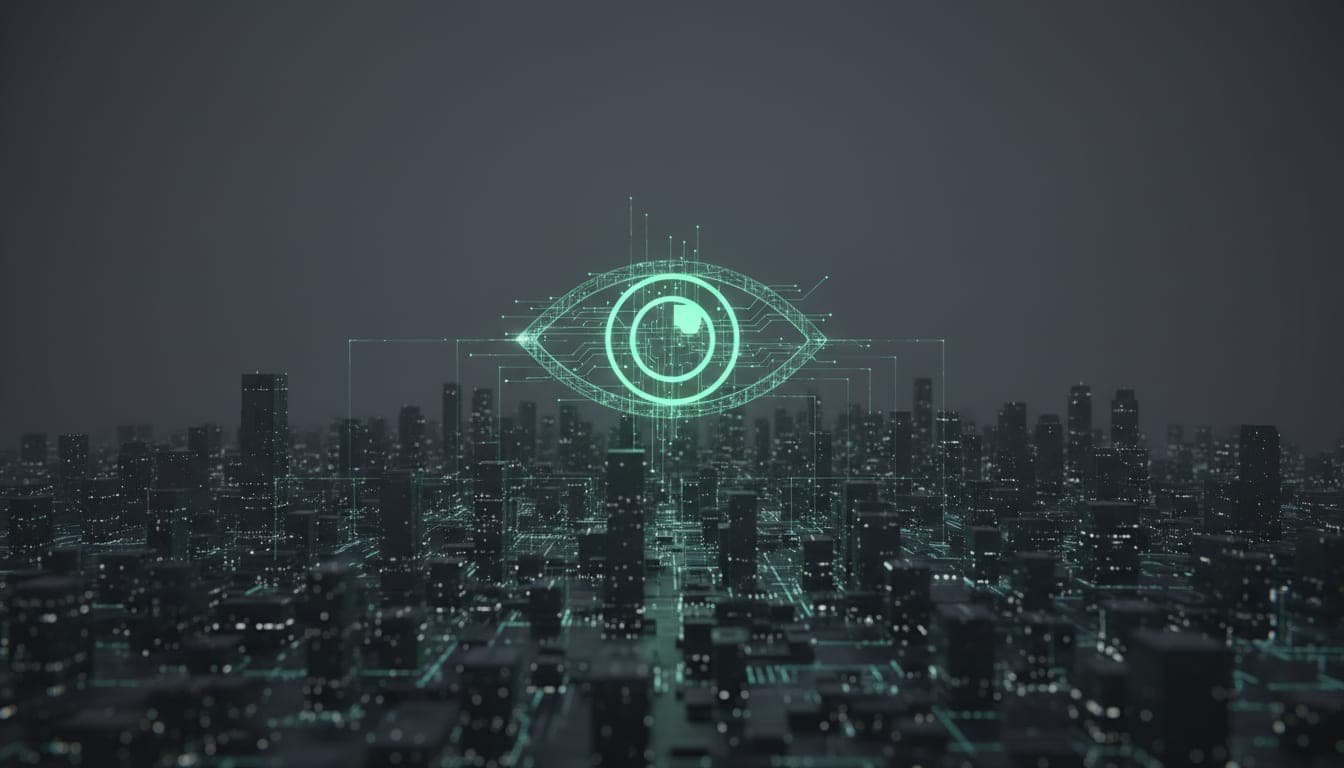 A city skyline at dusk rendered in dark tones, with a glowing green circuit-traced eye suspended above it and light trails running between the buildings
