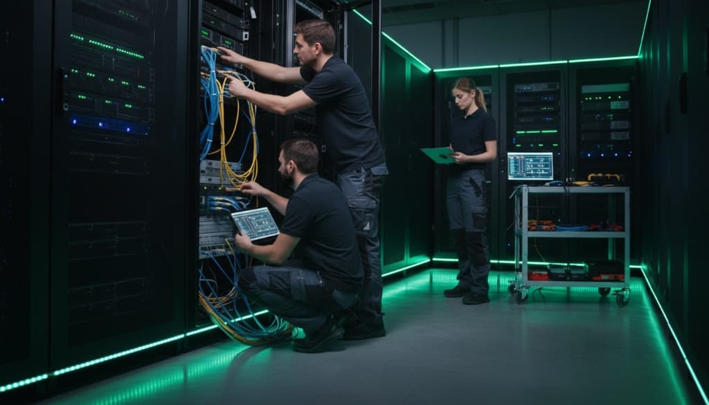 Three technicians working a live server rack — one routing patch cables, one kneeling with a test meter, one reviewing readings on a laptop
