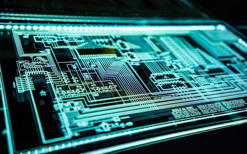 Close-up of an illuminated circuit board, pale teal traces fanning out from a central processor